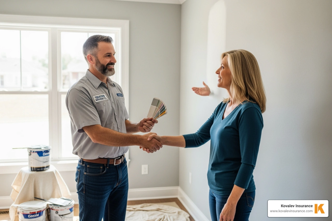 confident painting contractor shaking hands with satisfied client - painter insurance confident painting contractor shaking hands with satisfied client - painter insurance