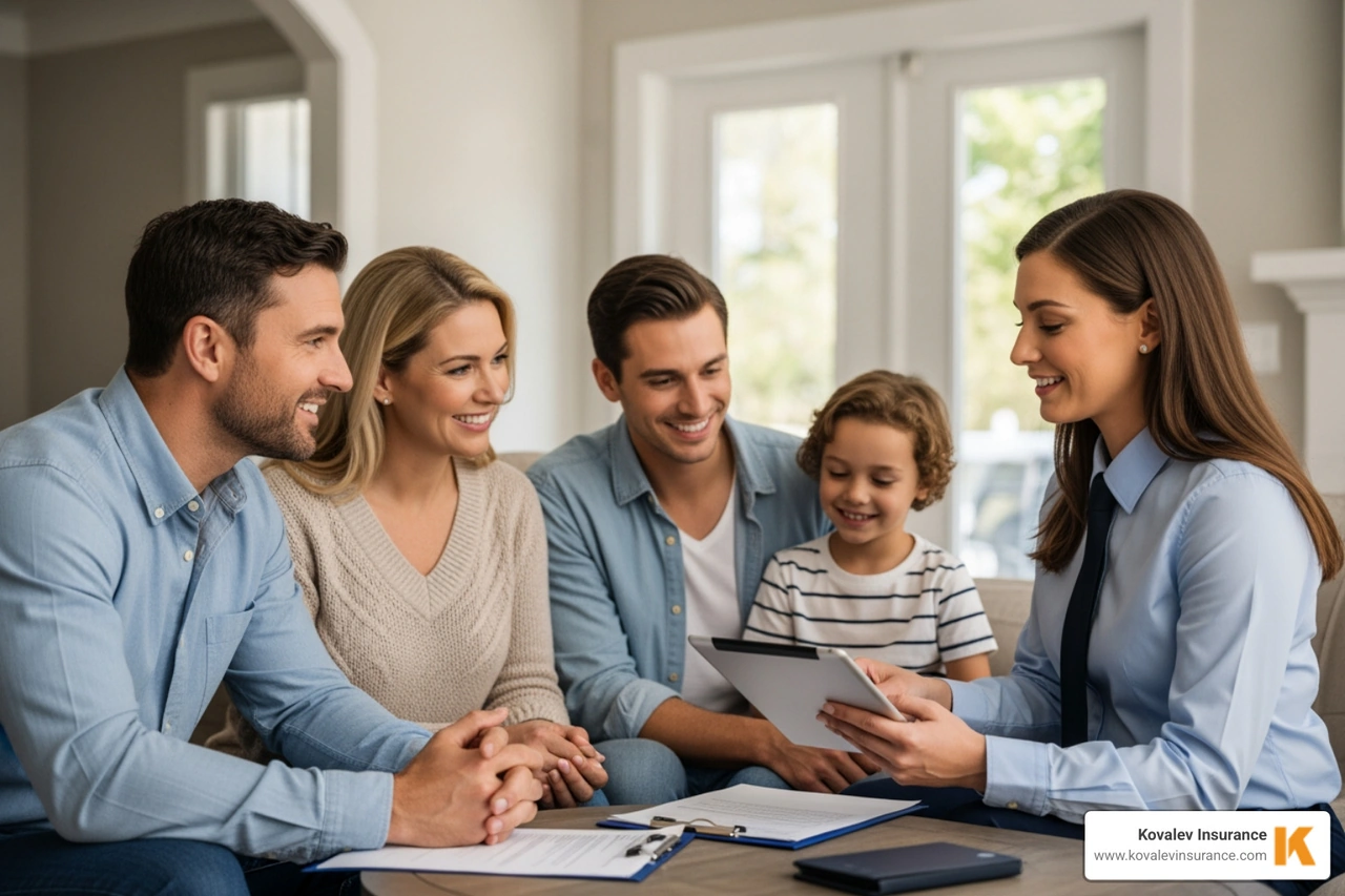 insurance agent consulting with a family in their home - Home insurance Wellesley MA insurance agent consulting with a family in their home - Home insurance Wellesley MA