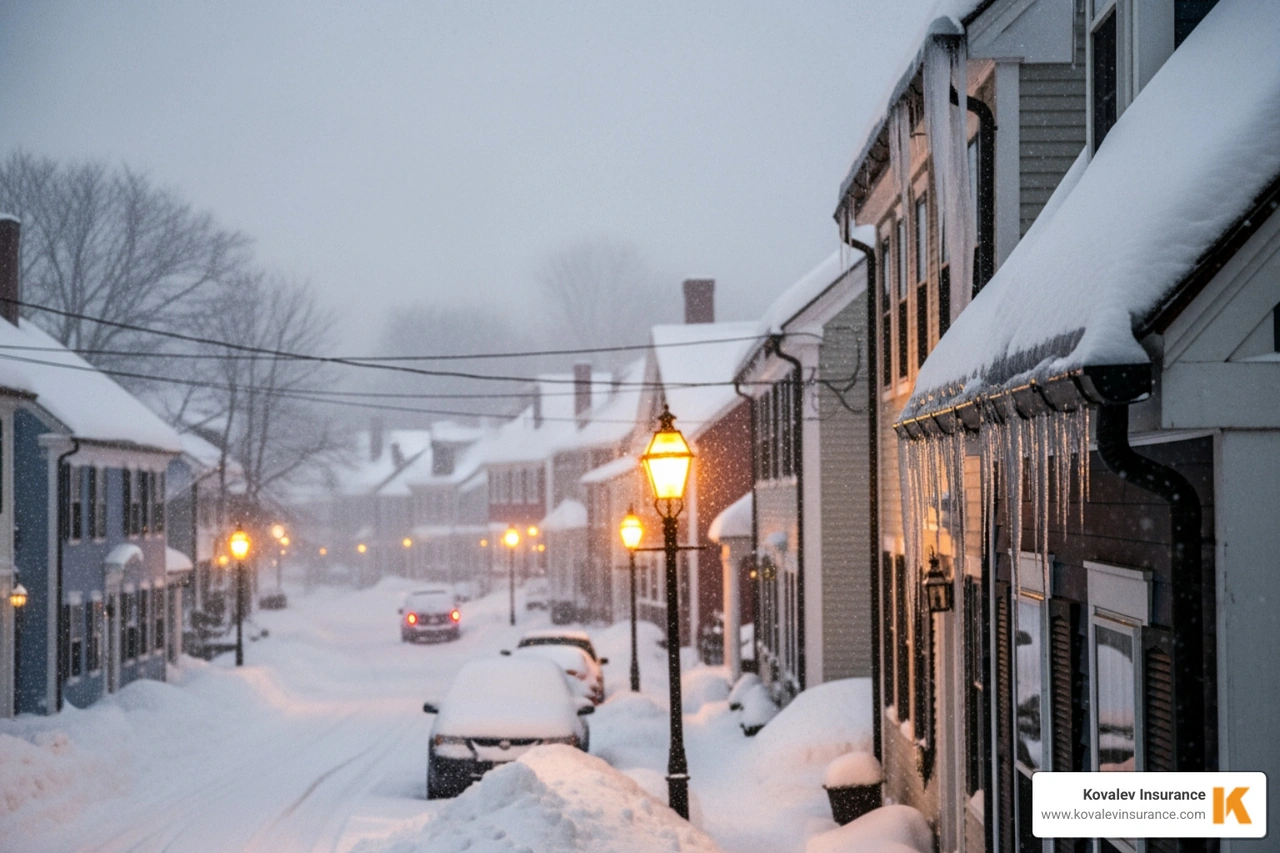 winter storm scene in a Massachusetts town, highlighting potential risks like ice dams - Home insurance Wellesley MA winter storm scene in a Massachusetts town, highlighting potential risks like ice dams - Home insurance Wellesley MA