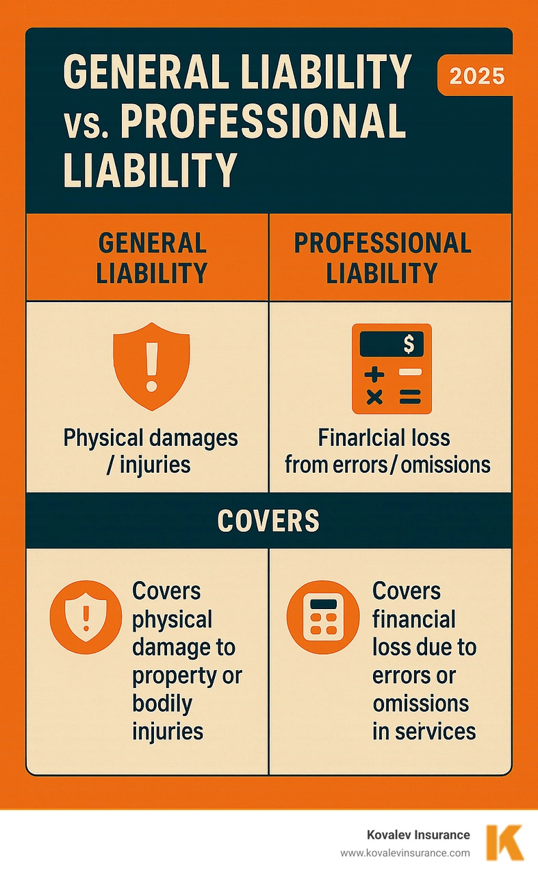 TABLE comparing General Liability (covers physical damages/injuries) and Professional Liability (covers financial loss from errors/omissions) - general contractor insurance near me infographic TABLE comparing General Liability (covers physical damages/injuries) and Professional Liability (covers financial loss from errors/omissions) - general contractor insurance near me infographic