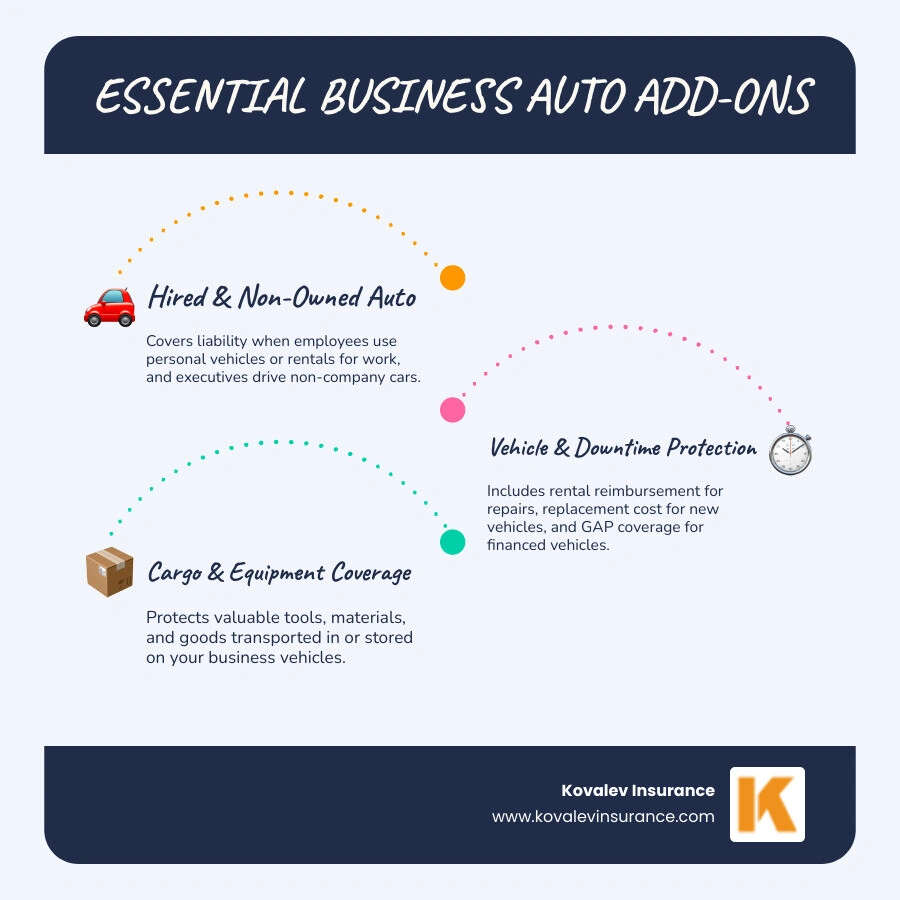 Infographic showing a base commercial auto policy in the center with arrows pointing to six optional add-ons: HNOA Coverage for employee personal vehicle use, DOC Endorsement for executives, Rental Reimbursement for transportation expenses, Inland Marine for tools and equipment, Vehicle Replacement Cost for new vehicles, and GAP Coverage for leased vehicles. Each add-on includes a brief one-line description of what it protects against. - business car insurance add on infographic infographic-line-3-steps-blues-accent_colors Infographic showing a base commercial auto policy in the center with arrows pointing to six optional add-ons: HNOA Coverage for employee personal vehicle use, DOC Endorsement for executives, Rental Reimbursement for transportation expenses, Inland Marine for tools and equipment, Vehicle Replacement Cost for new vehicles, and GAP Coverage for leased vehicles. Each add-on includes a brief one-line description of what it protects against. - business car insurance add on infographic infographic-line-3-steps-blues-accent_colors