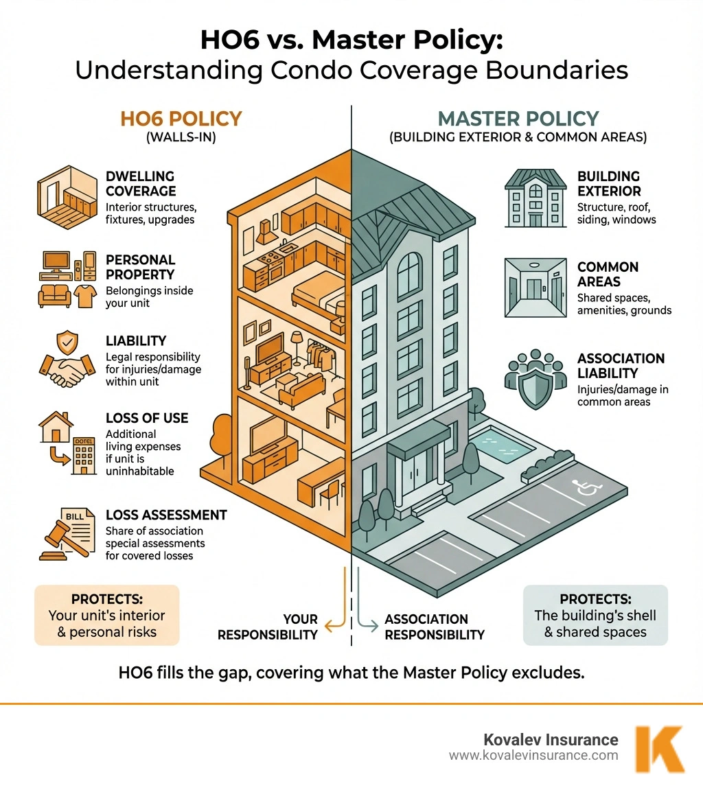 Infographic showing HO6 policy coverage inside unit walls versus master policy coverage of building exterior and common areas, with visual breakdown of dwelling coverage, personal property, liability, loss of use, and loss assessment components - what is HO6 insurance infographic Infographic showing HO6 policy coverage inside unit walls versus master policy coverage of building exterior and common areas, with visual breakdown of dwelling coverage, personal property, liability, loss of use, and loss assessment components - what is HO6 insurance infographic