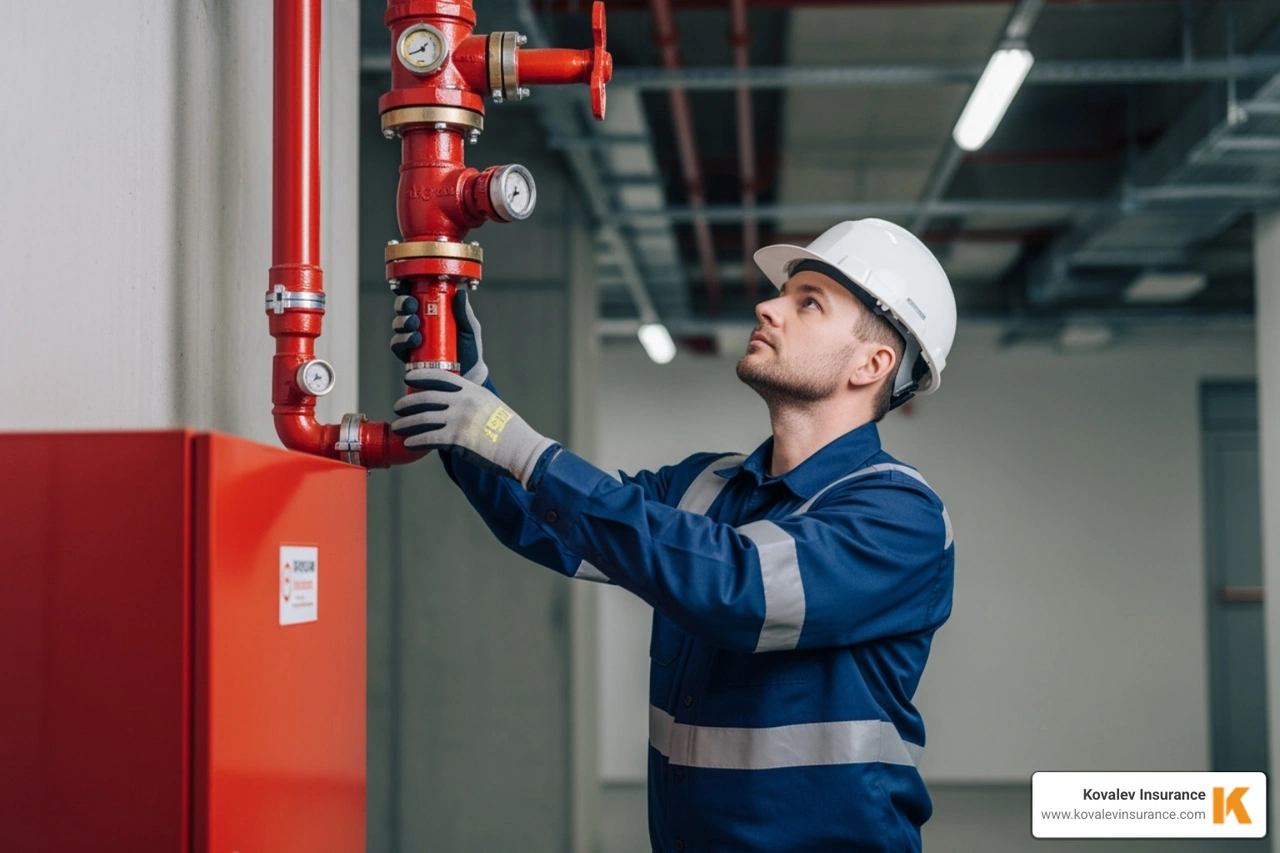 fire protection contractor inspecting pipes - fire protection contractor insurance concept