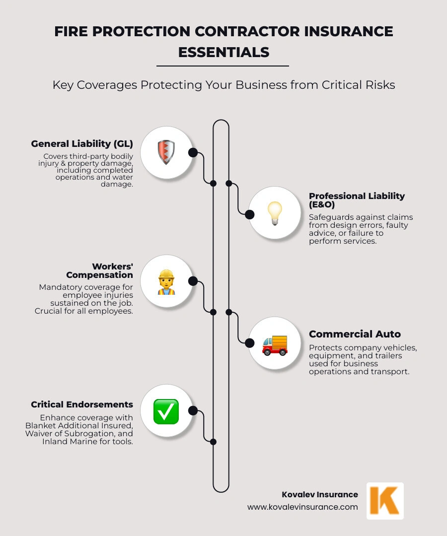 Infographic showing fire protection contractor risks including system failure, water damage from sprinklers, design errors, and installation mistakes on the left side, with corresponding insurance protections including General Liability for property damage claims, Professional Liability for design errors, Workers Compensation for employee injuries, and Commercial Auto for equipment transport on the right side - fire protection contractor insurance infographic infographic-line-5-steps-neat_beige