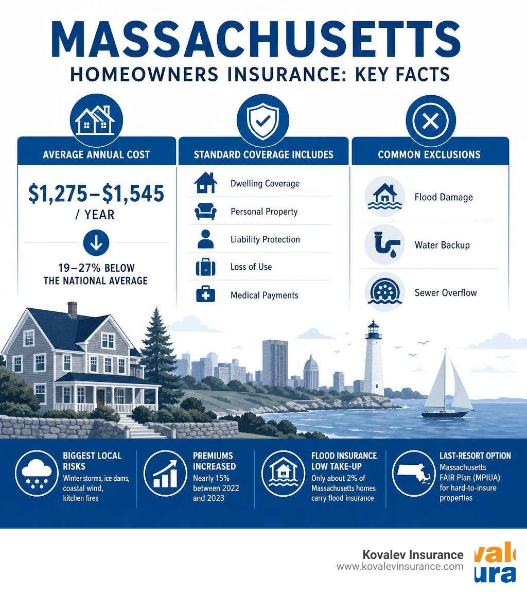 Infographic showing key facts about Massachusetts homeowners insurance policies including average cost, standard coverages Infographic showing key facts about Massachusetts homeowners insurance policies including average cost, standard coverages