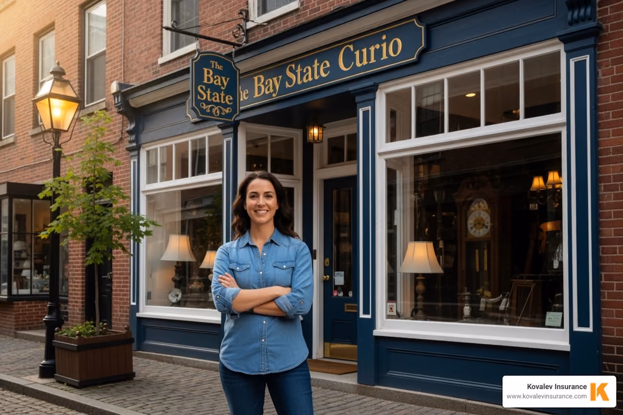 owner standing in front of massachusetts storefront - general liability insurance massachusetts concept