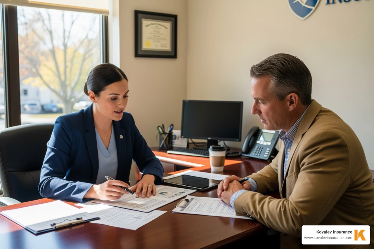 insurance agent consulting with a small business owner in an office setting in Wellesley - general liability insurance massachusetts