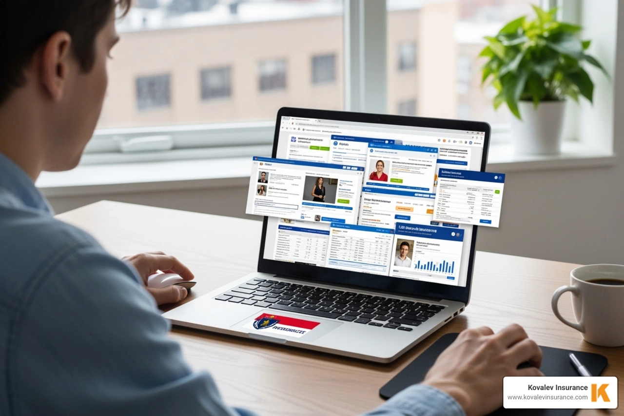 person comparing insurance quotes on a laptop with a Massachusetts state flag sticker - general liability insurance massachusetts