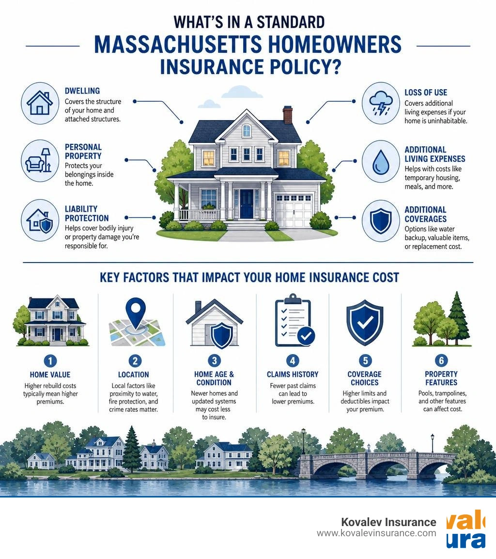 Infographic showing components of a standard Massachusetts homeowners policy and key cost factors infographic Infographic showing components of a standard Massachusetts homeowners policy and key cost factors infographic