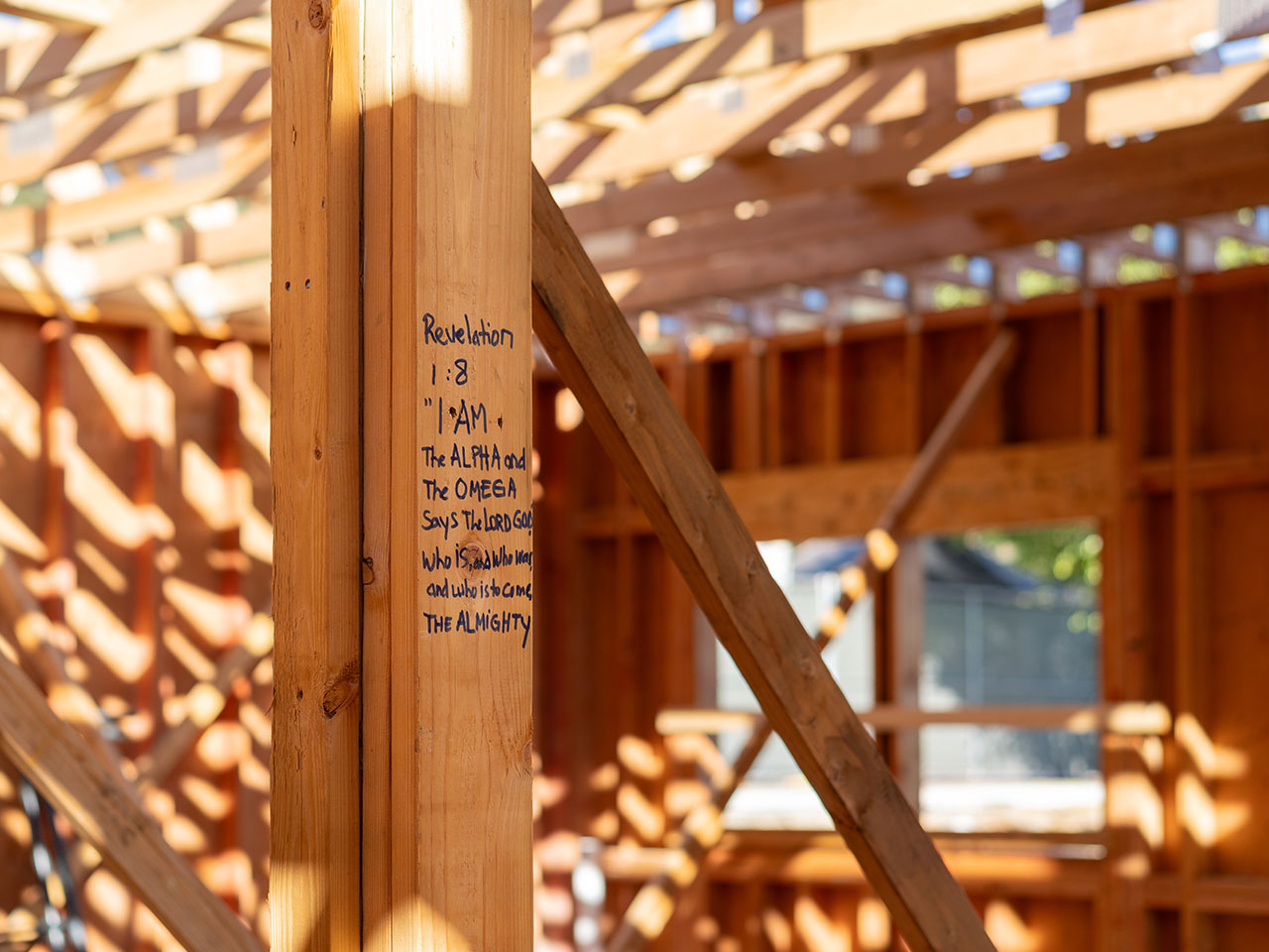 Wooden frame of building with words