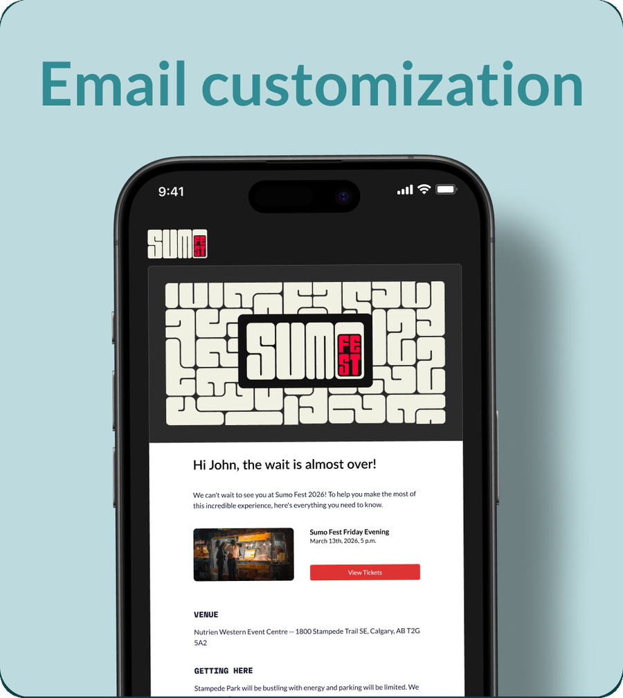 Sumo Fest branded confirmation email on a phone