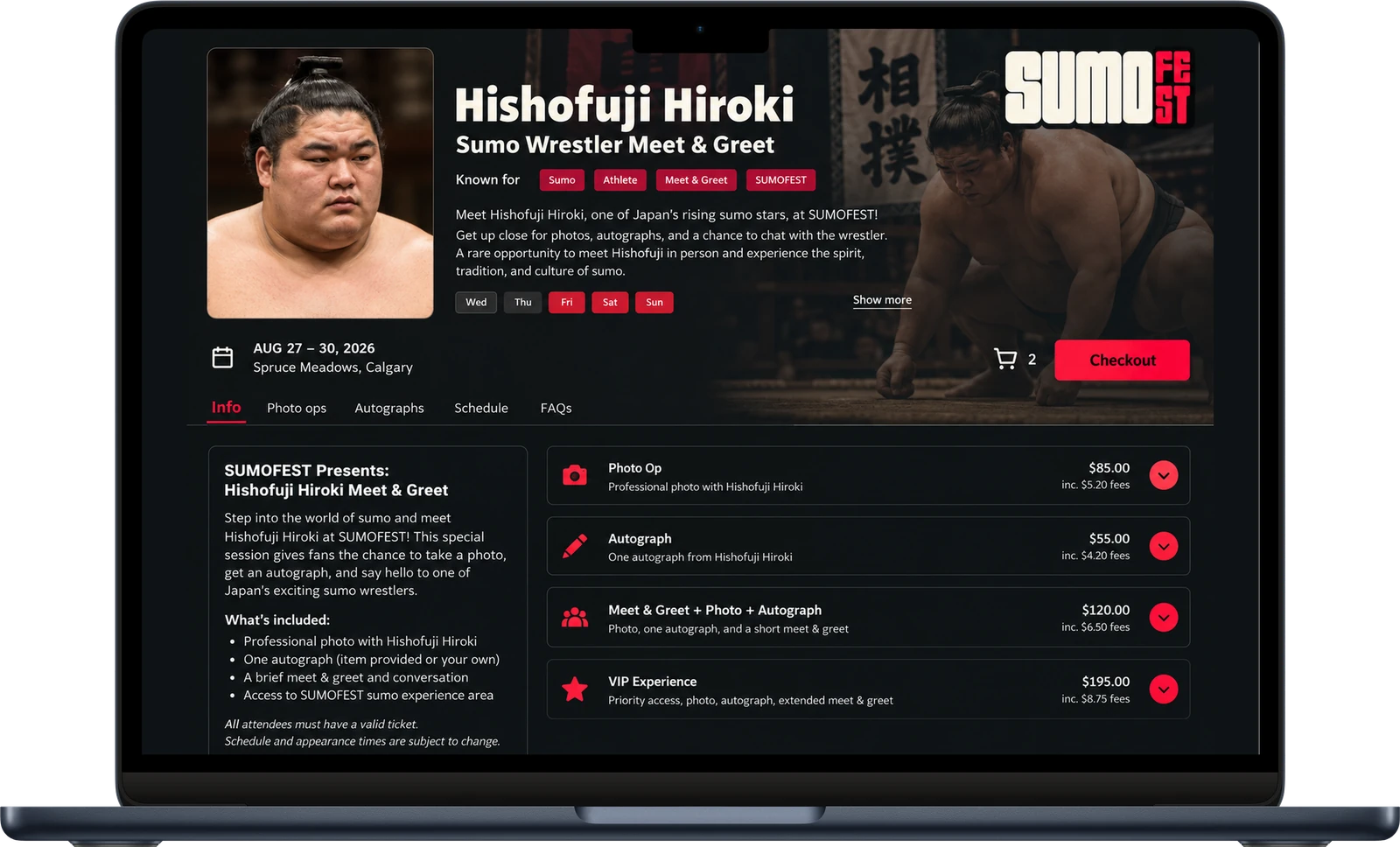 Sumo Fest meet and greet page with photo op, autograph and VIP add-ons on a laptop