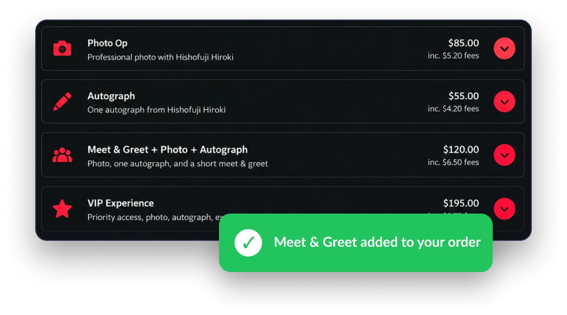 Sumo Fest add-on list with photo op, autograph, meet and greet and VIP experience