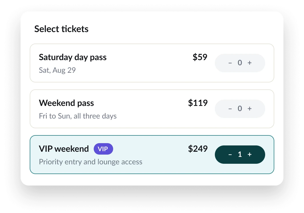 Ticket selector with a Saturday day pass, weekend pass and VIP weekend