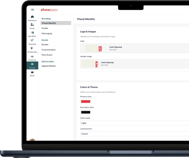 Showpass branding suite with logo, colours and theme settings