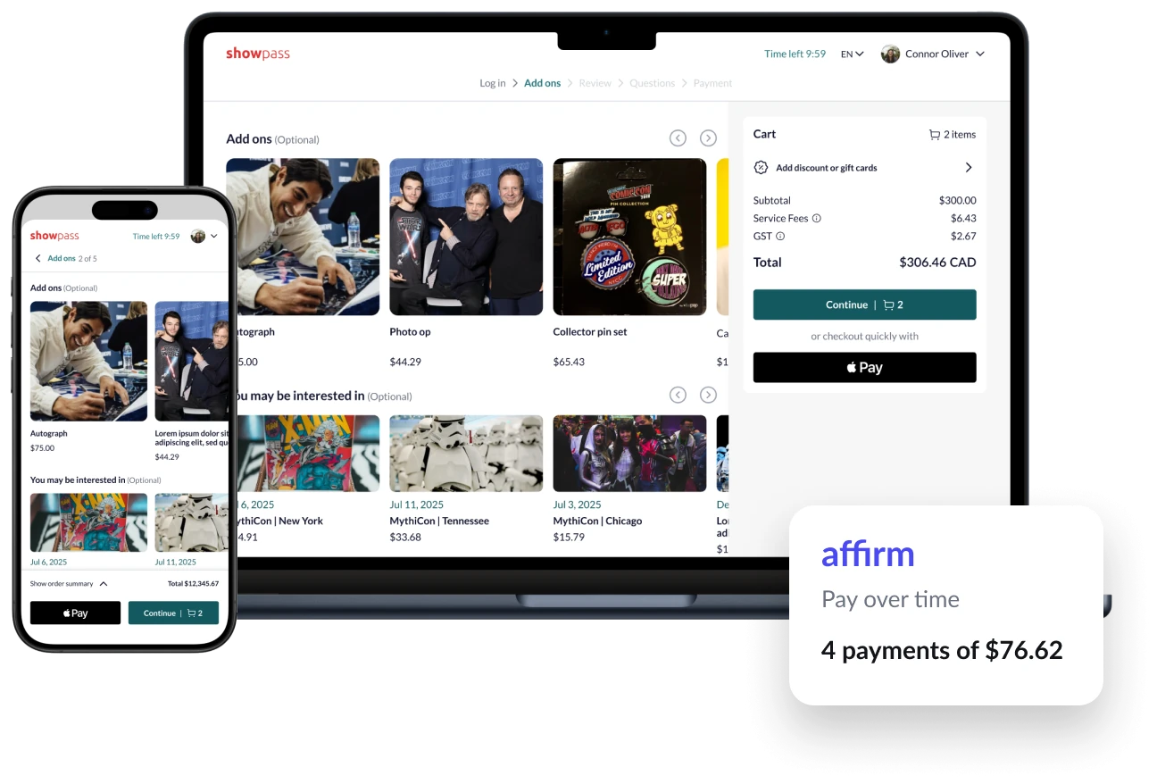 Showpass convention checkout on laptop and phone with photo op, autograph and collector pin add-ons, and Affirm pay over time