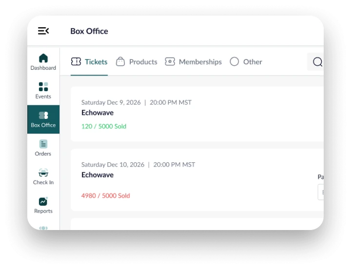 Showpass box office screen