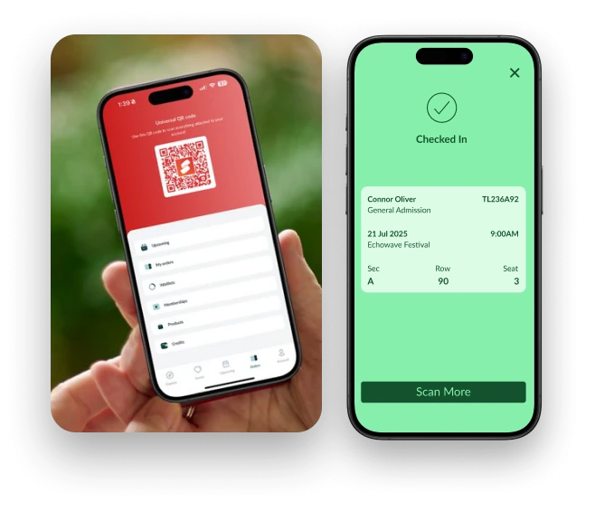 Fan holding a mobile ticket beside the Showpass scanner app showing Checked In