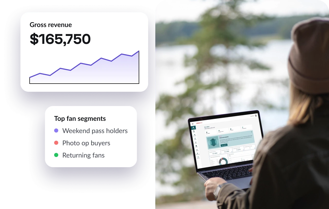 Organizer reviewing gross revenue and top fan segments on a laptop