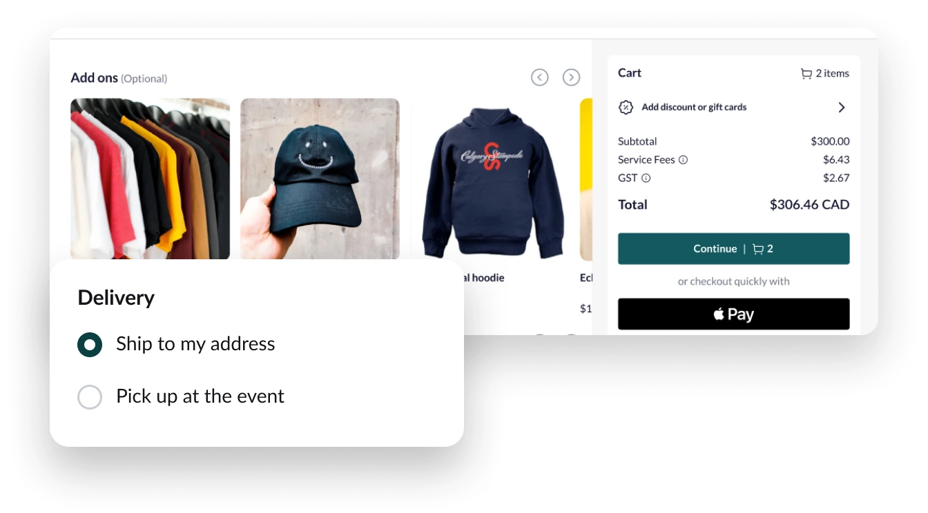 Merch add-ons in checkout with delivery options to ship or pick up at the event