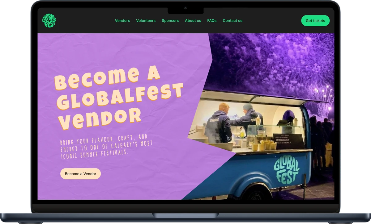 GlobalFest vendor page built with the Showpass website builder, shown on a laptop