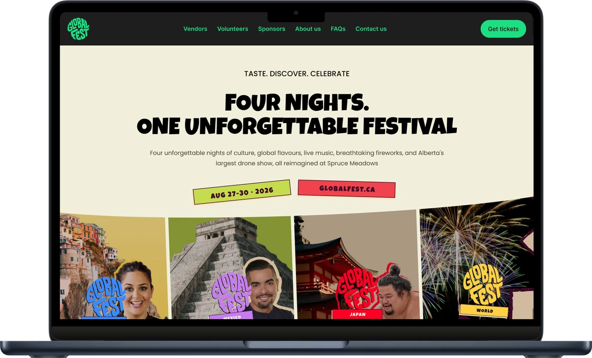 GlobalFest home page built with the Showpass website builder, shown on a laptop