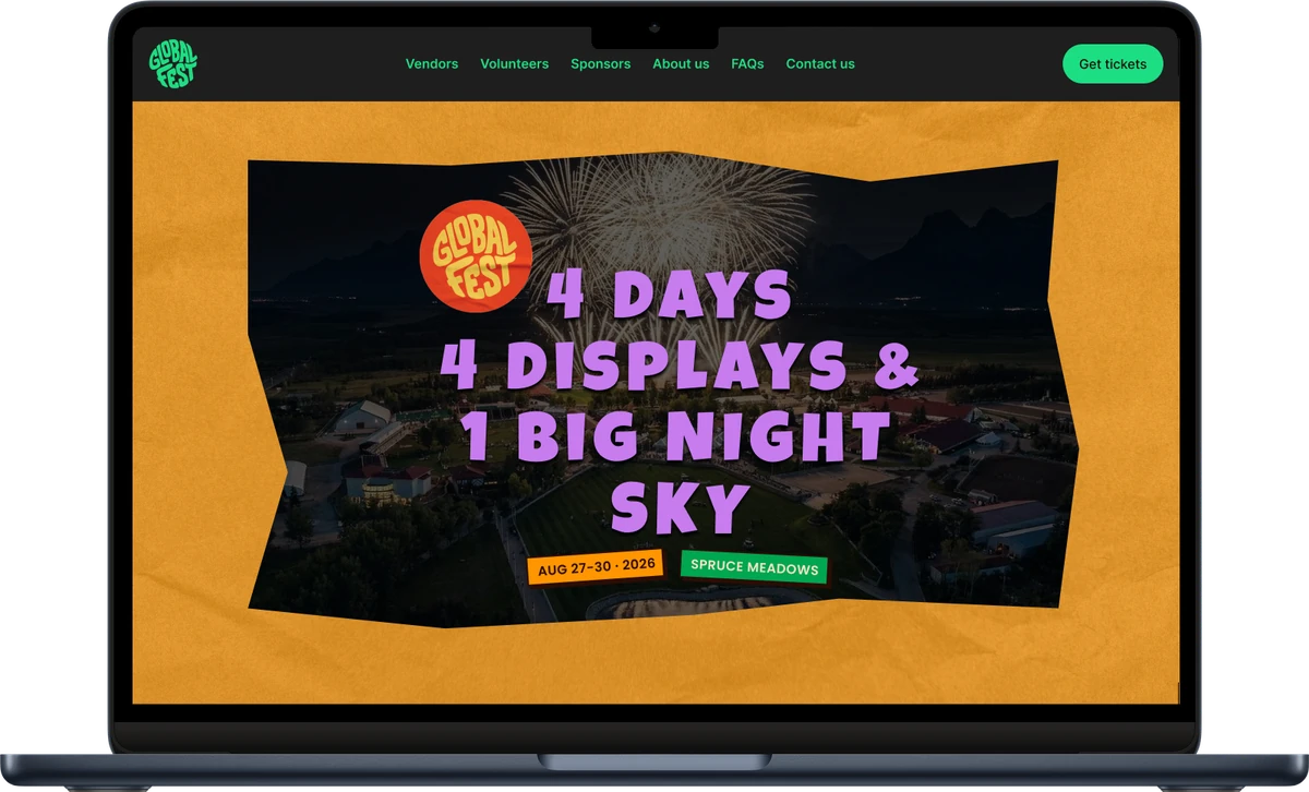 GlobalFest fireworks page built with the Showpass website builder, shown on a laptop