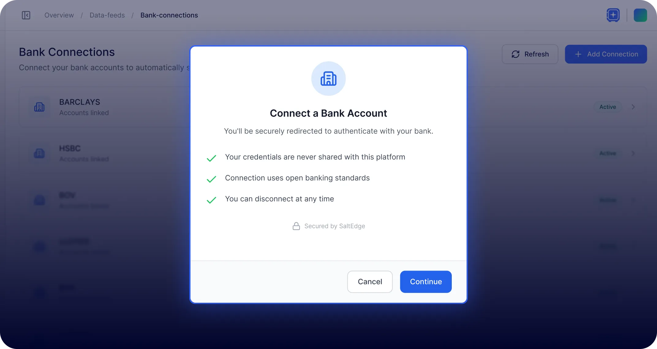 Connect data sources for automatic reconciliation