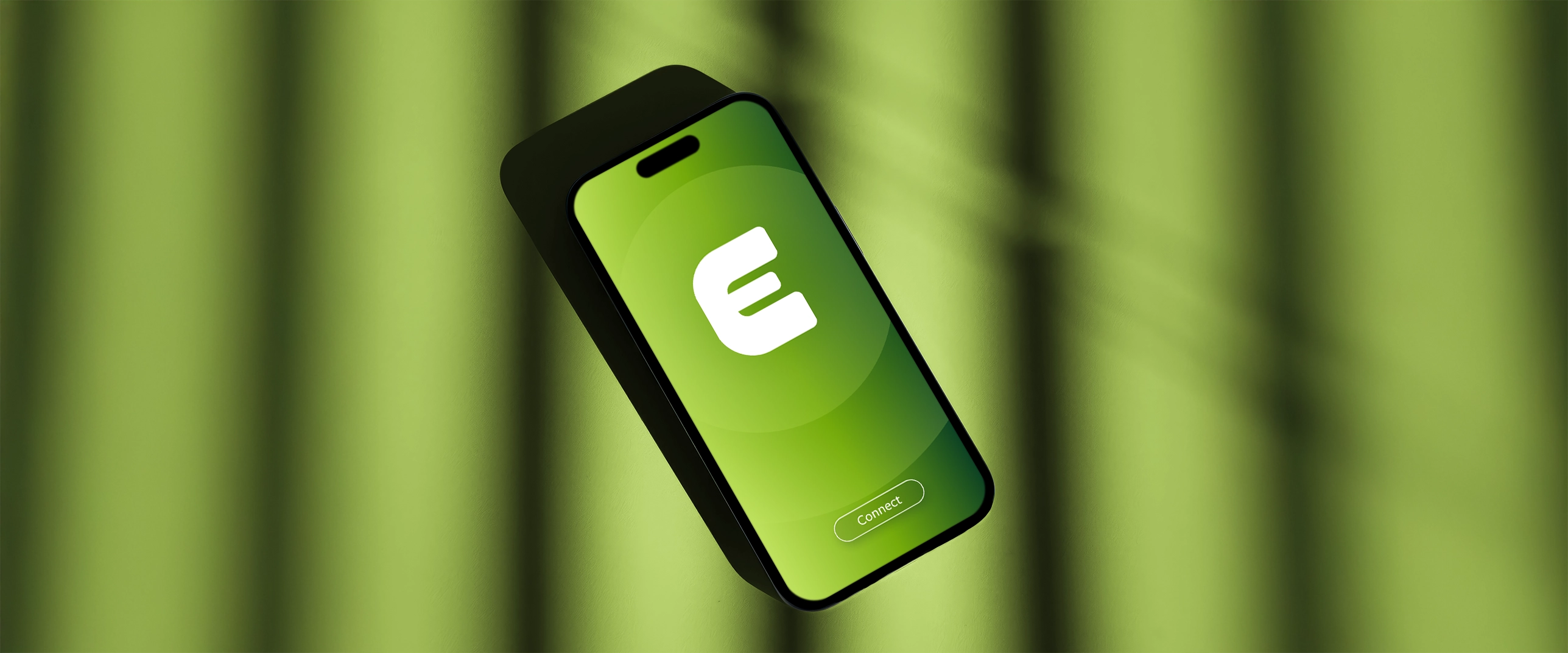 Phone mockup with the Exo VPN app shown on screen. Background is bright green with shadows