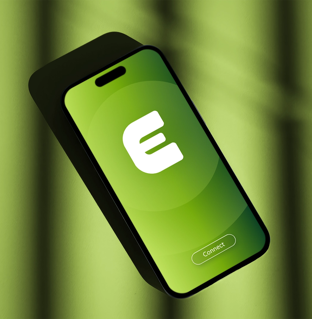 Phone mockup with the Exo VPN app shown on screen. Background is bright green with shadows