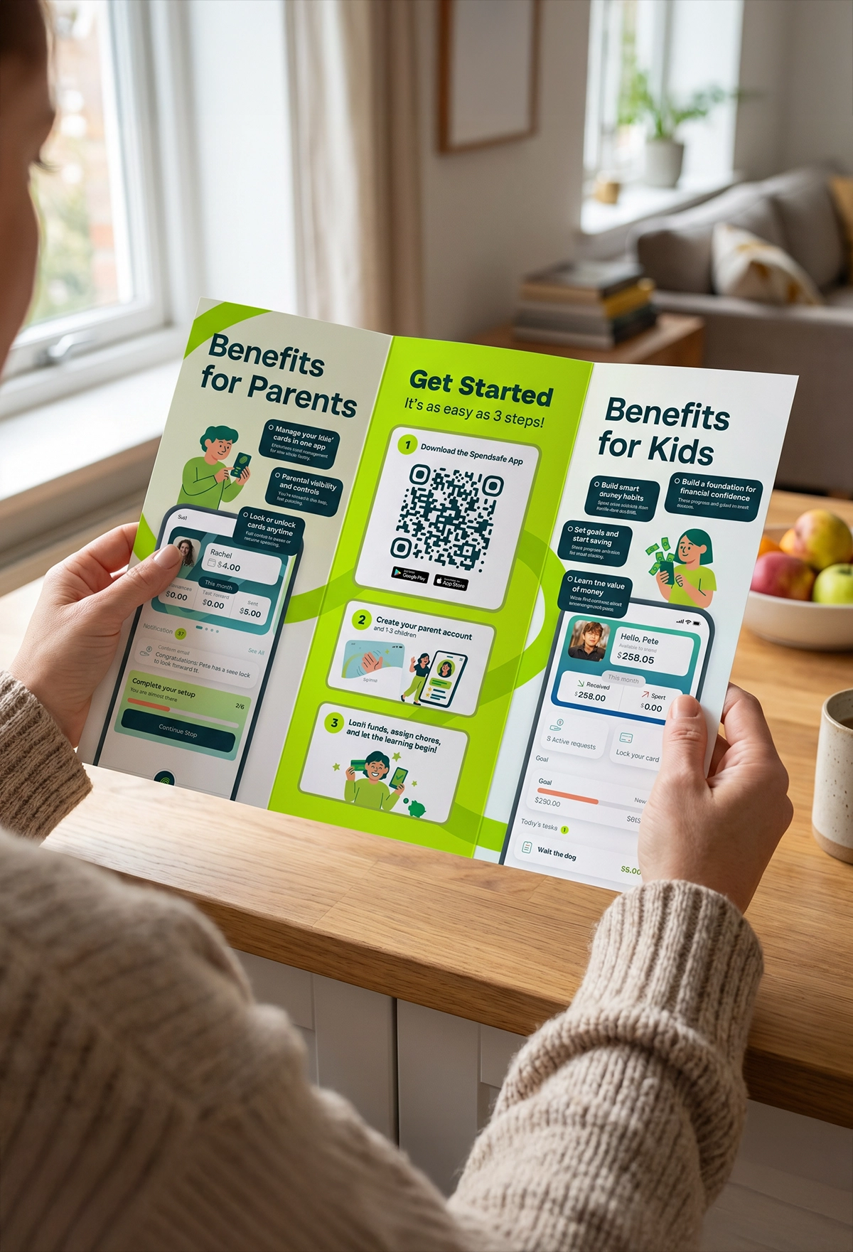 Person in their home holding an open pamphlet. The pamphlet shows benefits to parents and kids to sign up for Spendsafe.