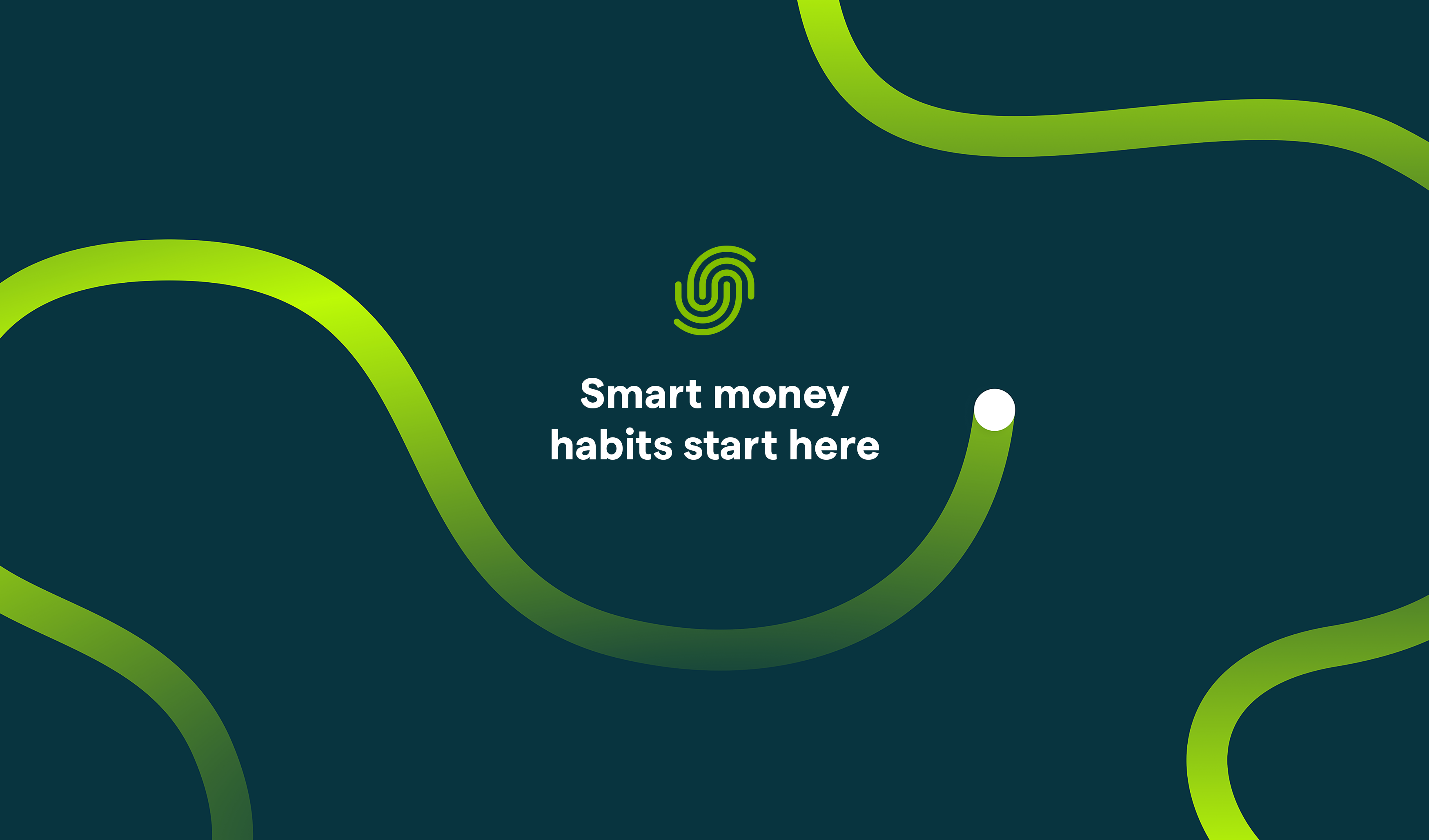 Minimal dark navy blue background with flowing line neon green line in the background, coming to a point neat the middle. Beside the point is the Spendsafe logo and a tagline saying "Smart money habits start here"