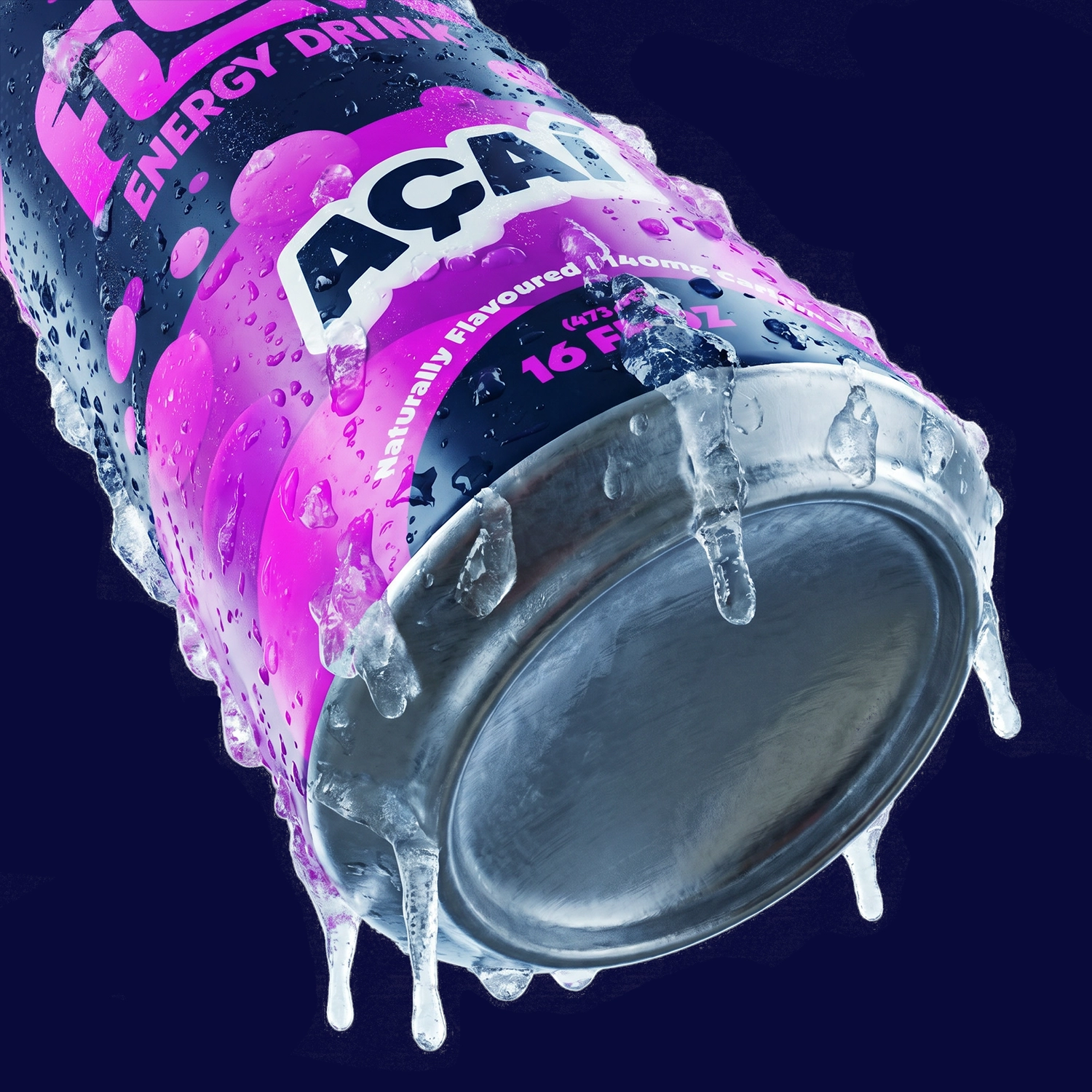 Close-up of a cold, iced black and purple can of energy drink labeled 'Açai' with water droplets and icicles.