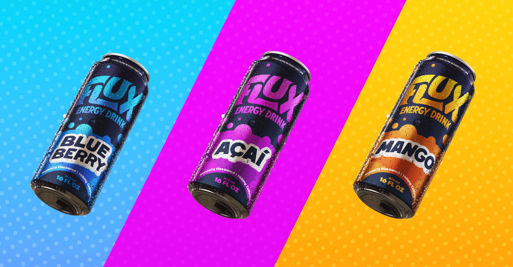 3 vibrant backgrounds (blue, pink, and orange), with 3 different energy drink cans in front
