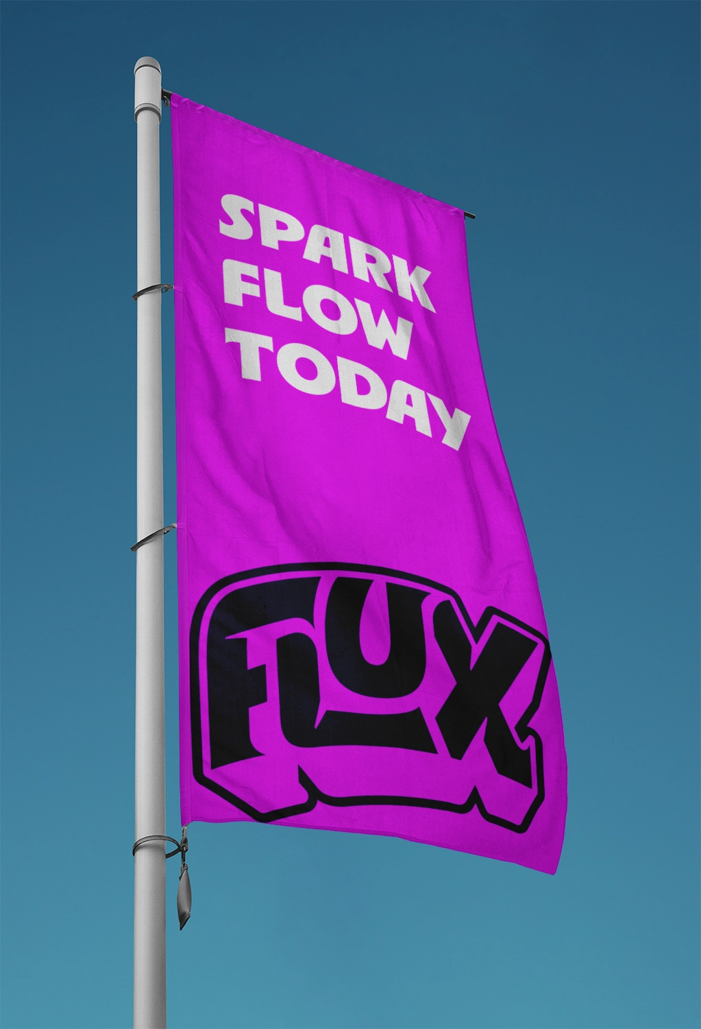 A flag blowing in the wind. The flag is bright pink with a dark grey Flux logo at the bottom, and a tagline at the top reading "Spark flow today"