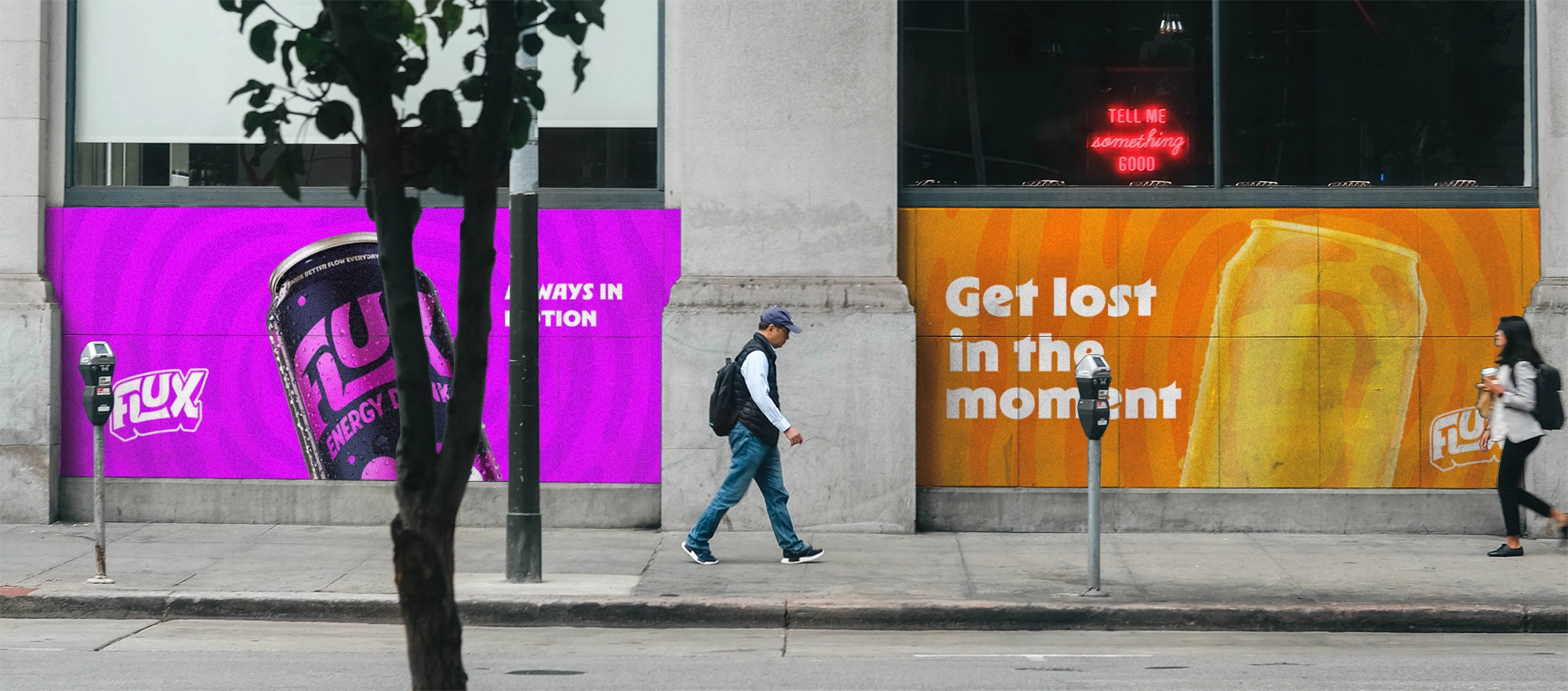 A billboard ad of Flux Energy drink. It reads "Get lost in the moment"
