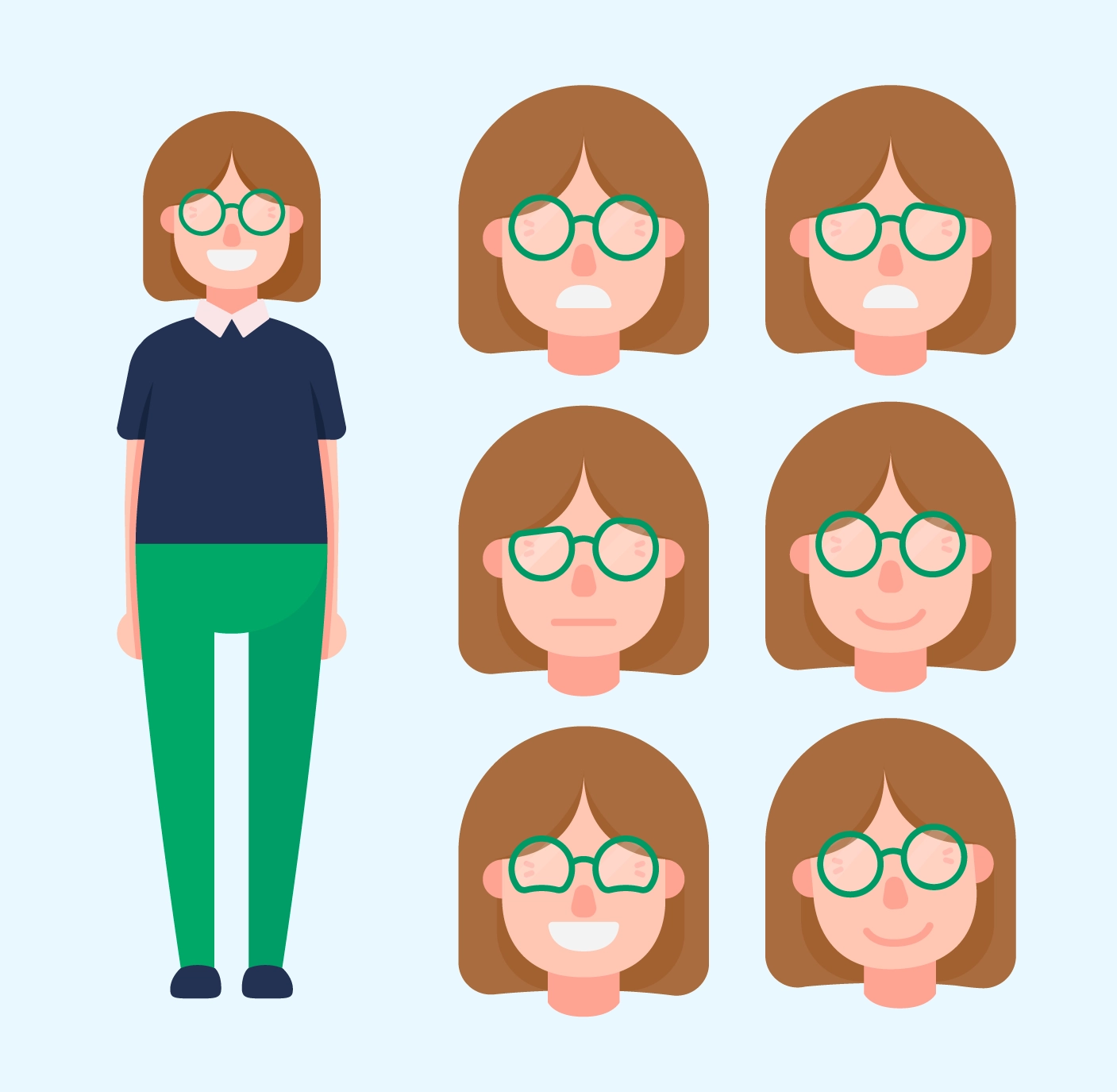 Cartoon character with brown hair, green glasses, wearing a navy shirt and green pants showing six different facial expressions: angry, confused, neutral, happy, laughing, and smiling.