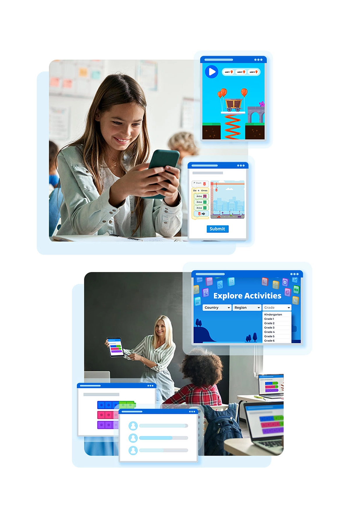 Collage of students and a teacher using tablets and laptops with educational activity interfaces visible on their screens.