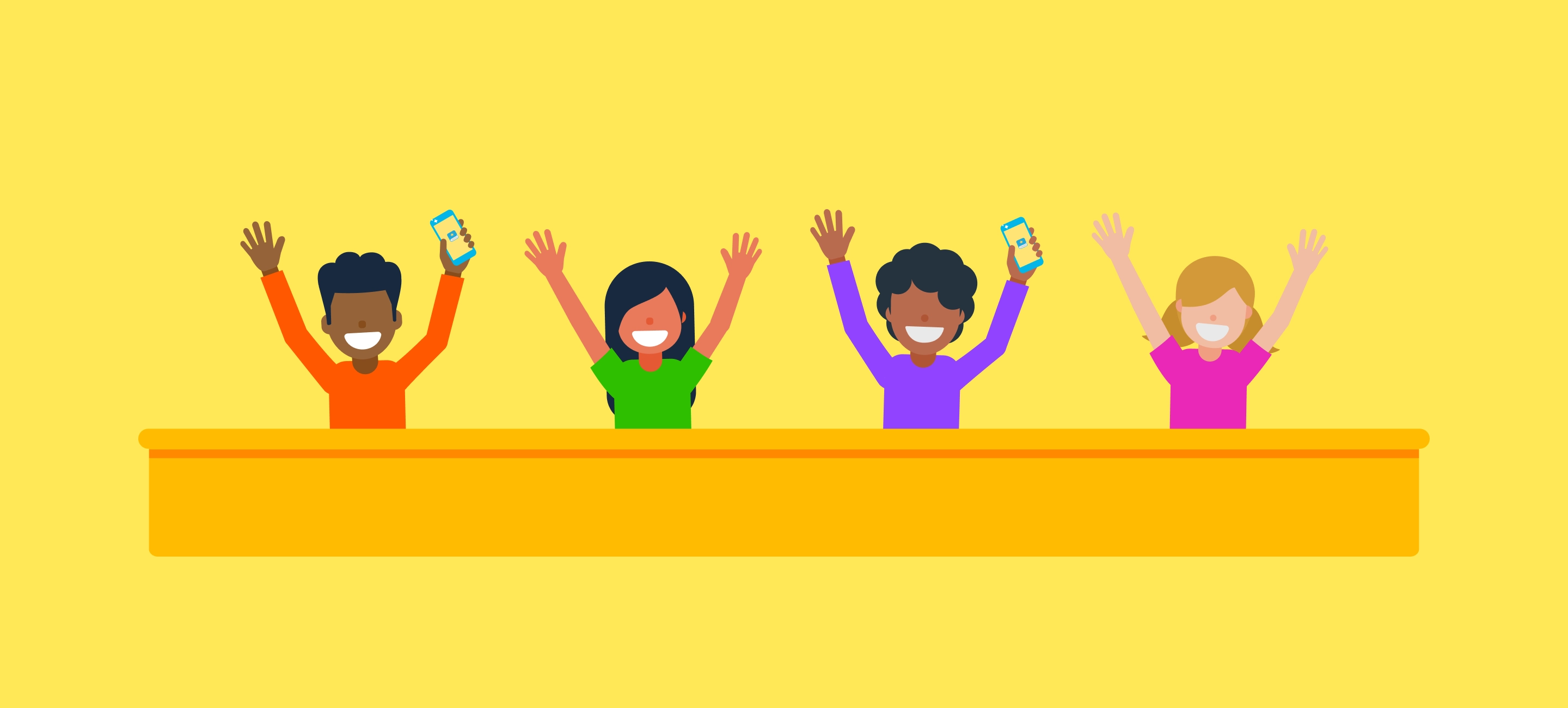 Bright yellow background with minimal illustration in the middle showing 4 students cheering at their desks