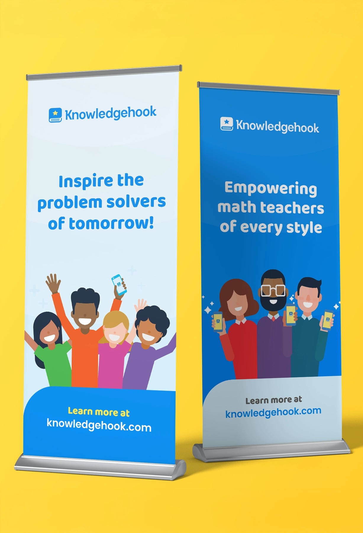 2 Rollup banners with a yellow background behind them. Both banners talk about benefits signing up for Knowledgehook with minimal illustrations on each