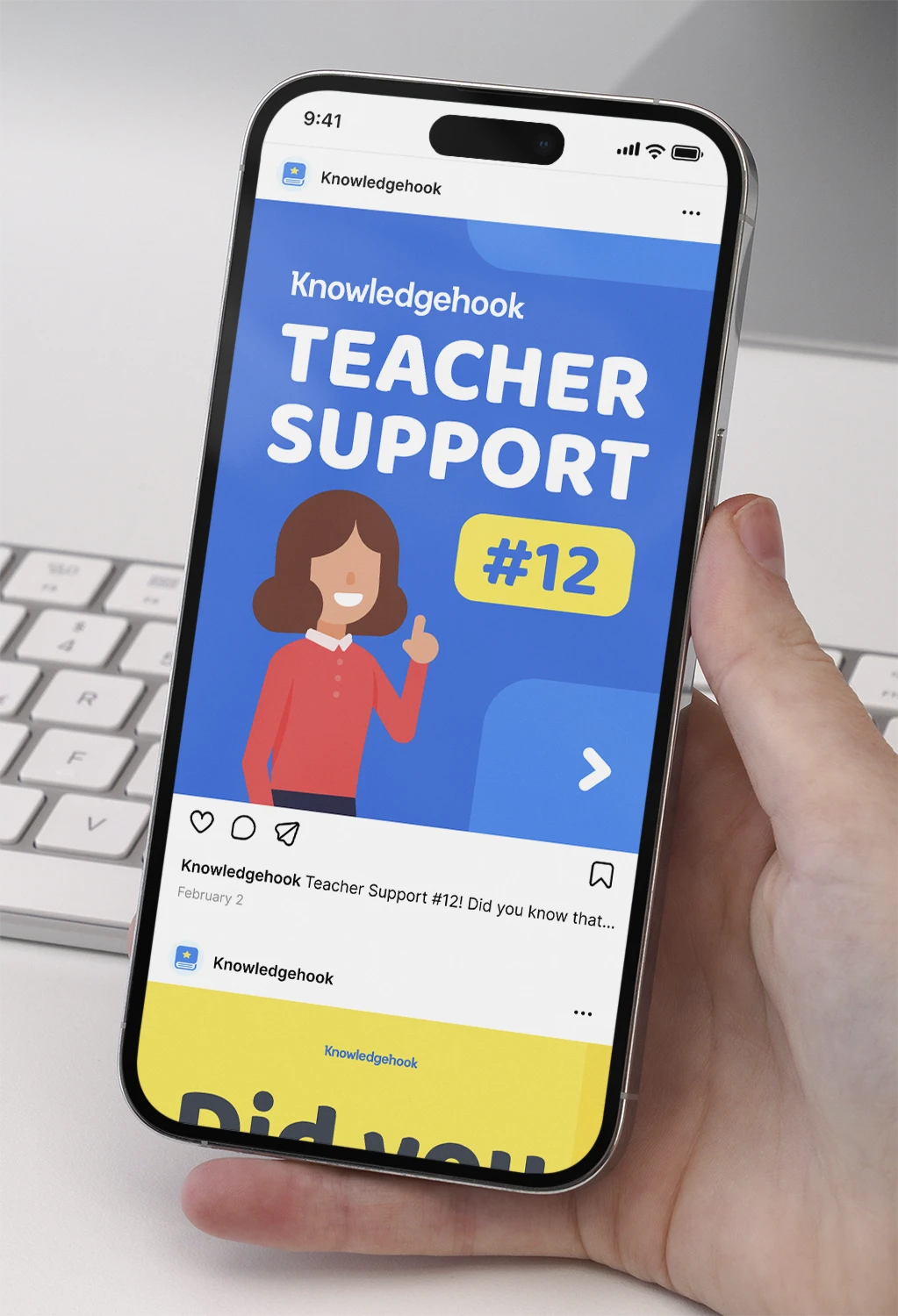 Hand holding a smartphone displaying Knowledgehook Teacher Support #12 social media post with an illustrated woman and blue background.