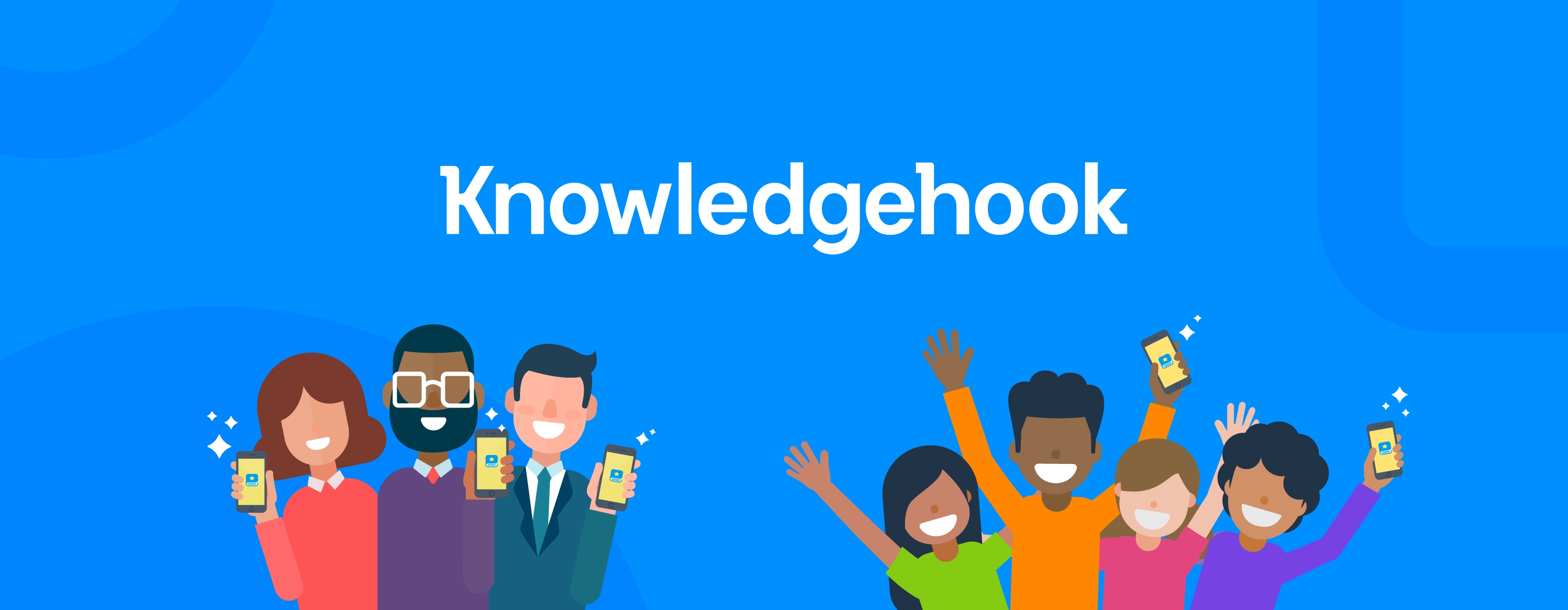 Blue background with floating lighter blue rectangles. A white Knowledgehook logo near the top, and an illustration of four students cheering together at the bottom