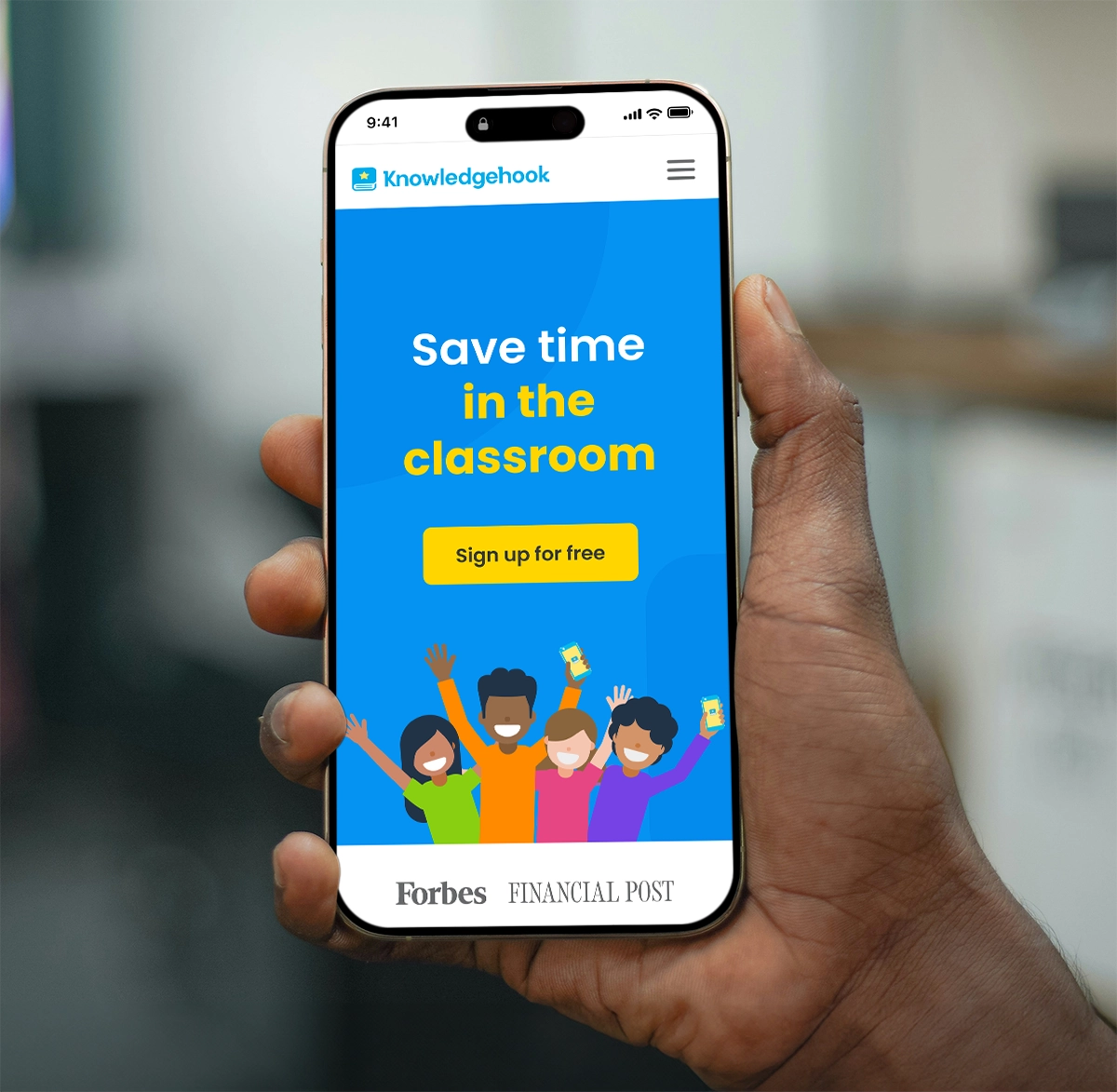 Person holding phone with the Knowledgehook website homepage open