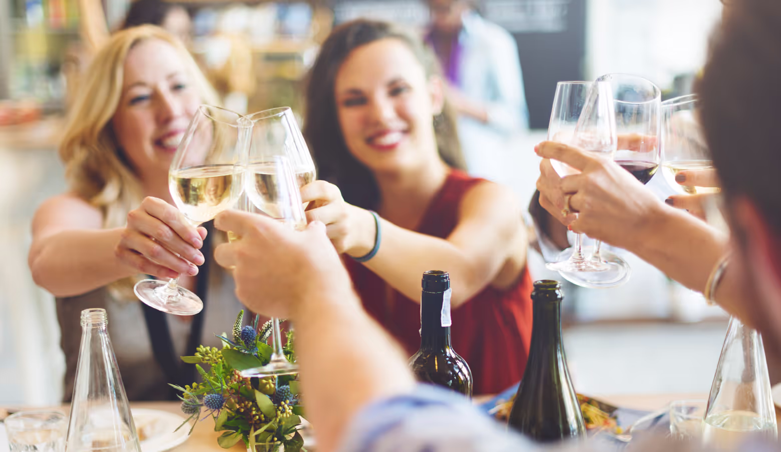 People sitting around a table toasting wine glasses
