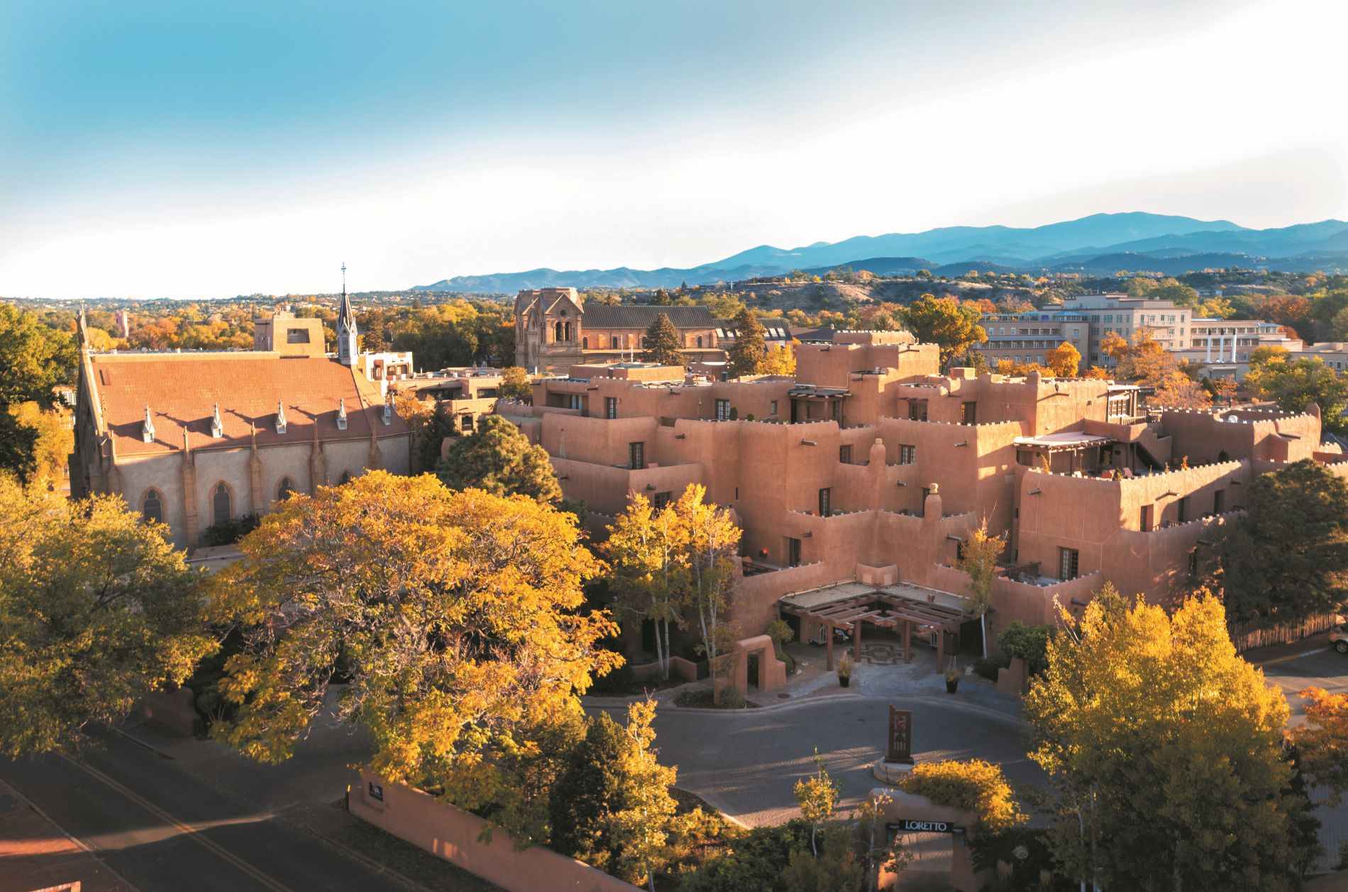 Aerial view of Inn and Spa at Loretto facade and entryway in fall