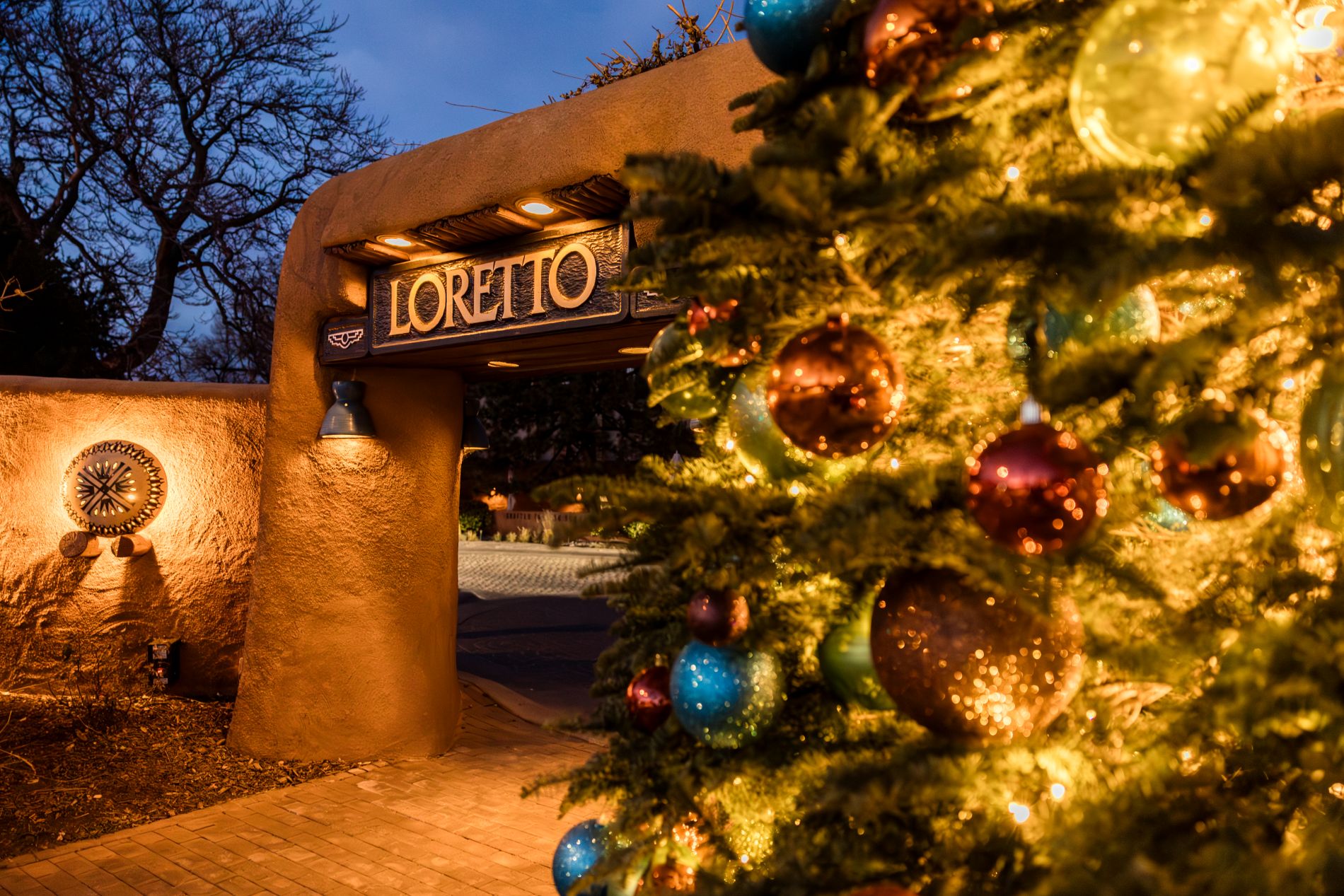 Exterior image of  sign and walkway for Loreto with Christmas tree at night