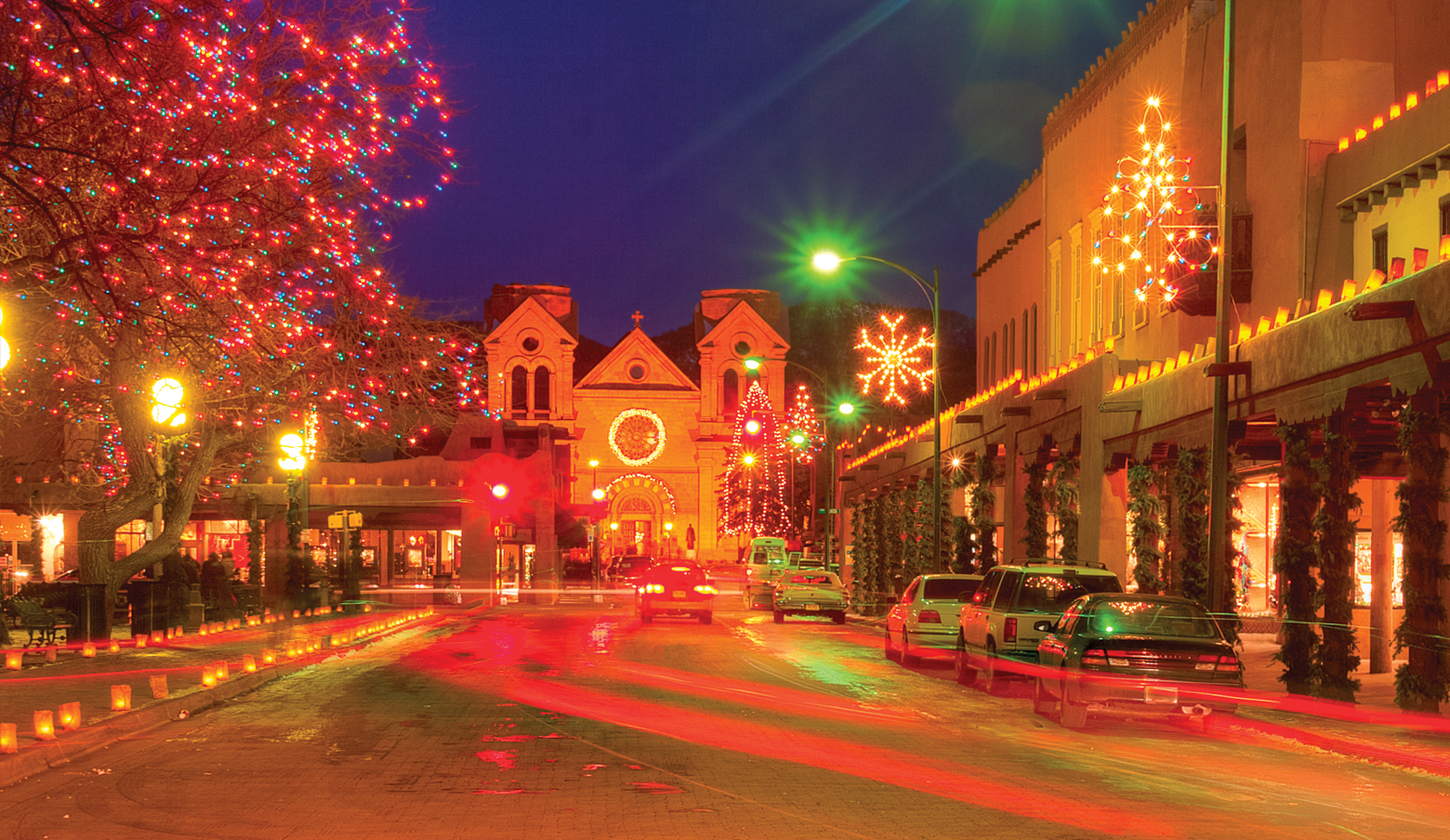 Santa Fe Plaza at night with holiday lights
