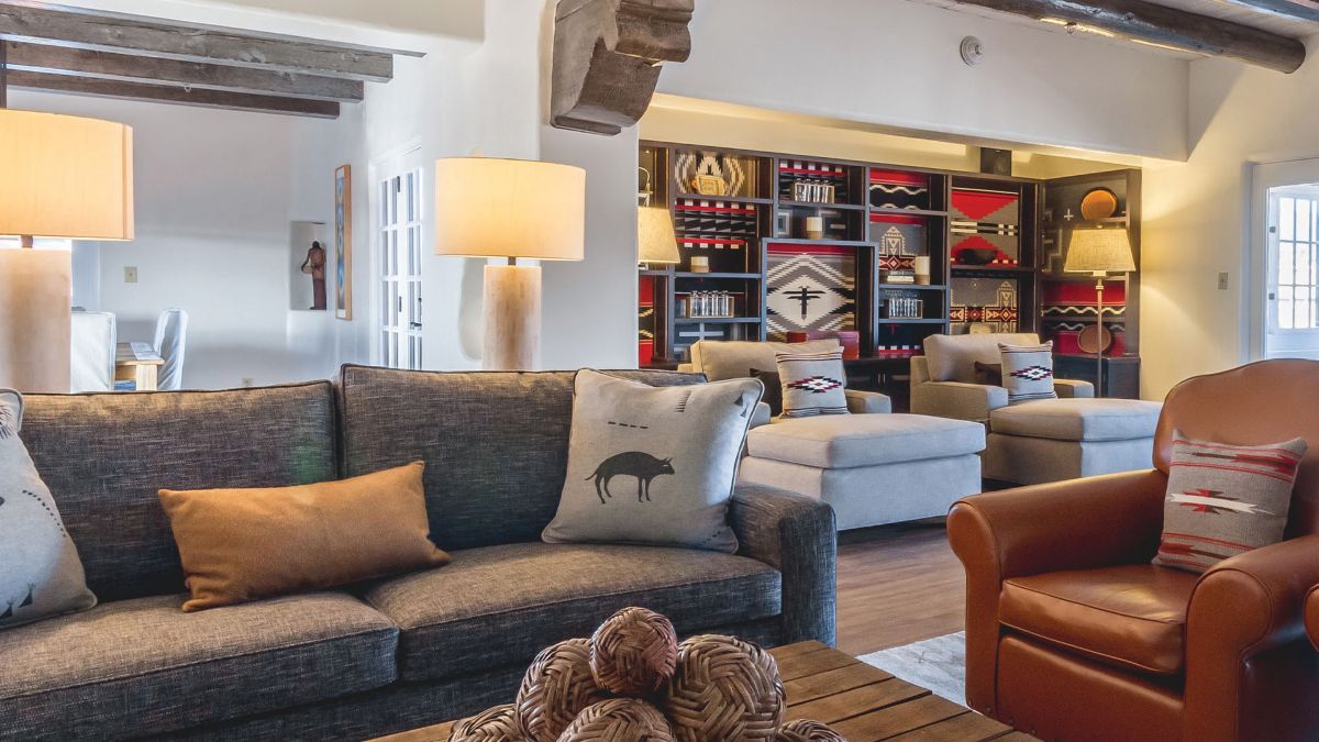 Pueblo-style adobe architecture in downtown Santa Fe Living Room of Santa Fe's only Penthouse Suite