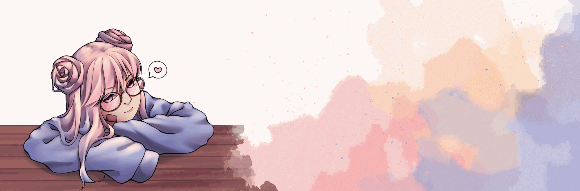 Anime-style character with pink hair in rose-shaped buns wearing glasses and a blue shirt, resting on a wooden surface with a heart speech bubble nearby and pastel abstract background.