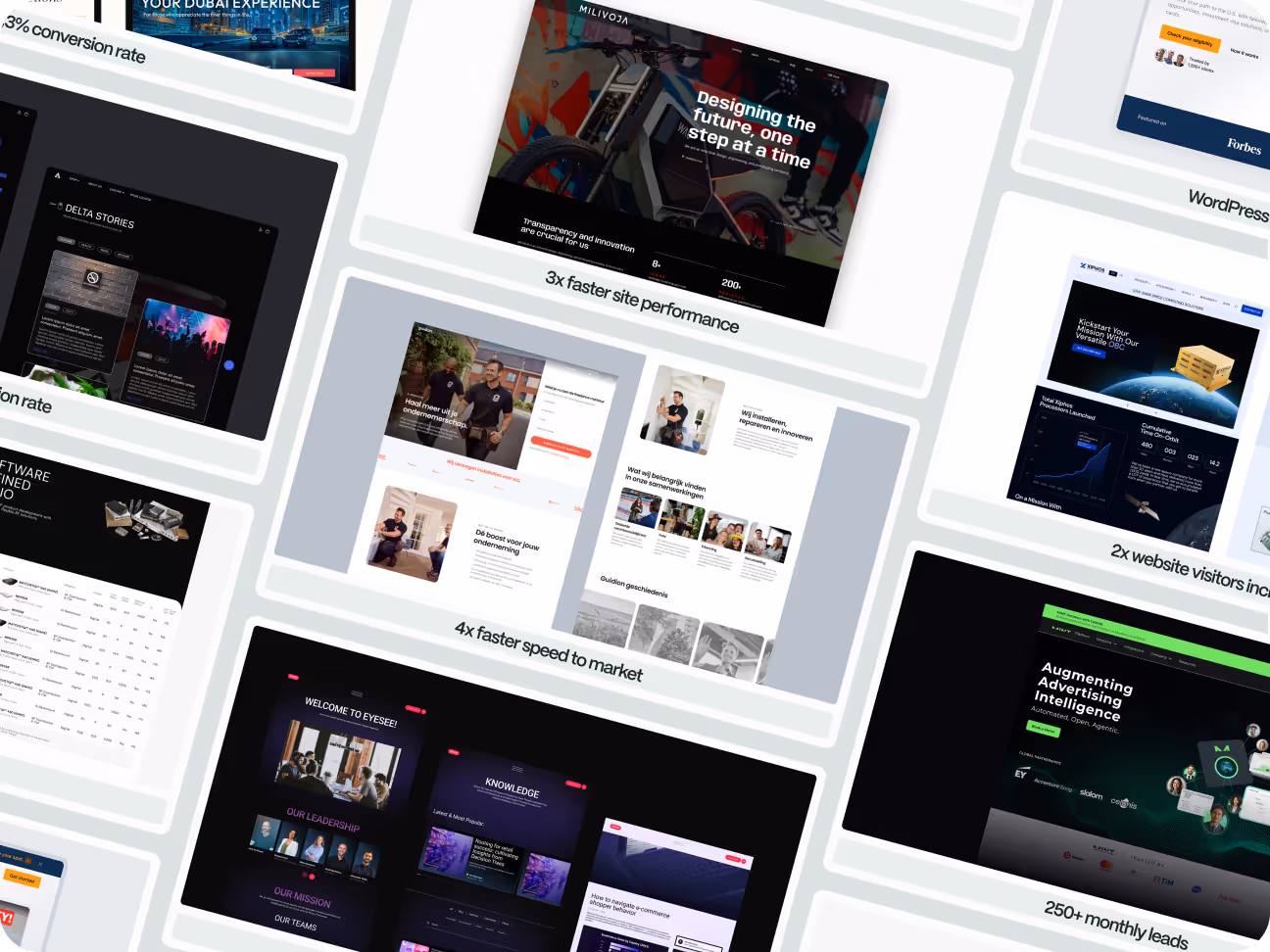 Showcase of Webflow Development Agency portfolio featuring multiple high-performance website designs with proven results such as faster site speed, higher conversion rates, increased visitors, and improved lead generation.